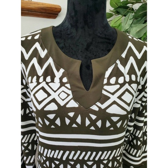 Jones NewYork Women's Green & White Rayon V-Neck Long Sleeve Knee Length Dress M - Picture 2 of 12